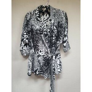 ASOS DESIGN Women Wrap Top Size 6 Mixed Leopard Animal Print Tie Waist Black